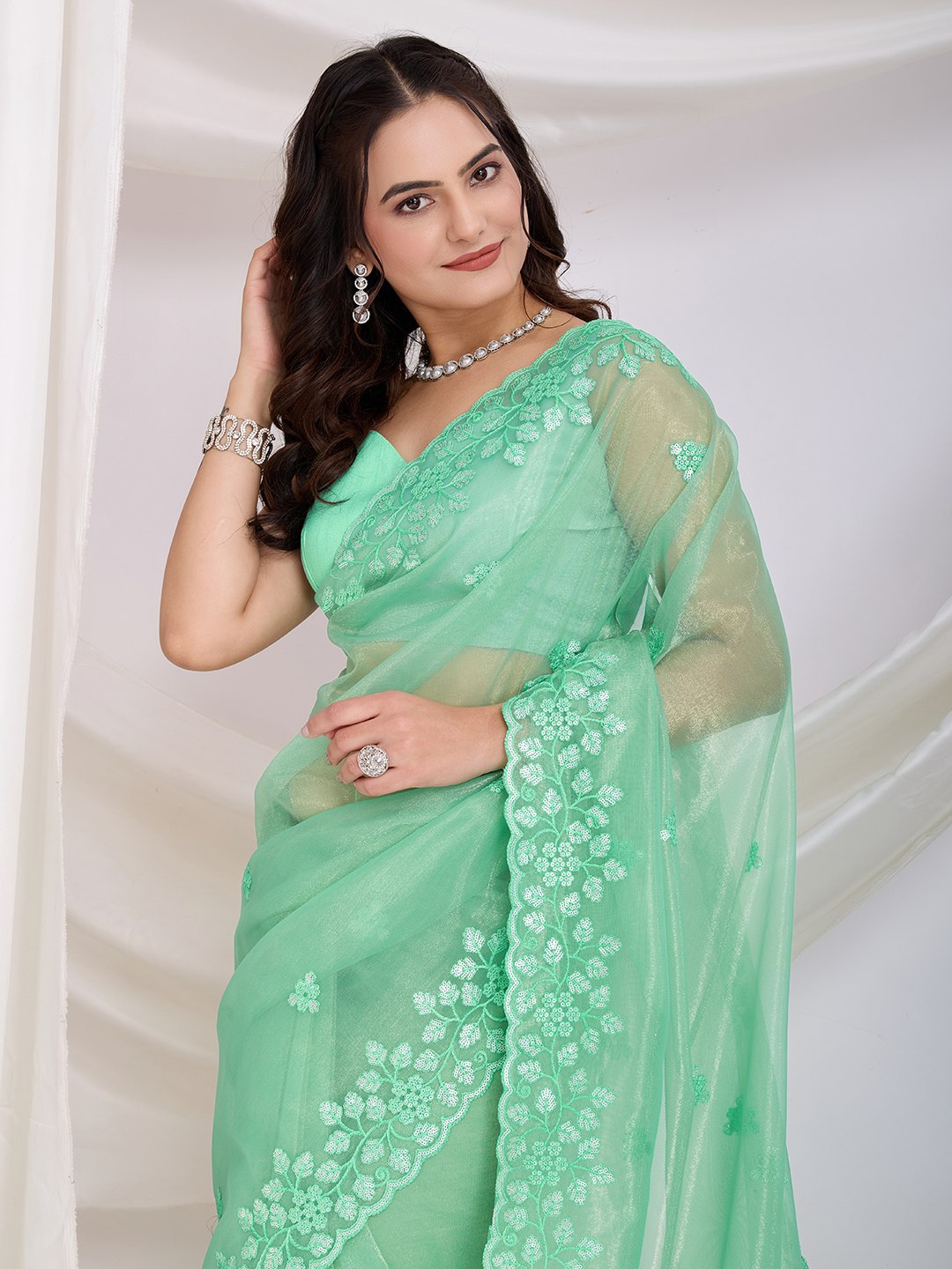Embroidered Gold Twill Net Saree with Sequin Cut Work & Plain Blouse Piece