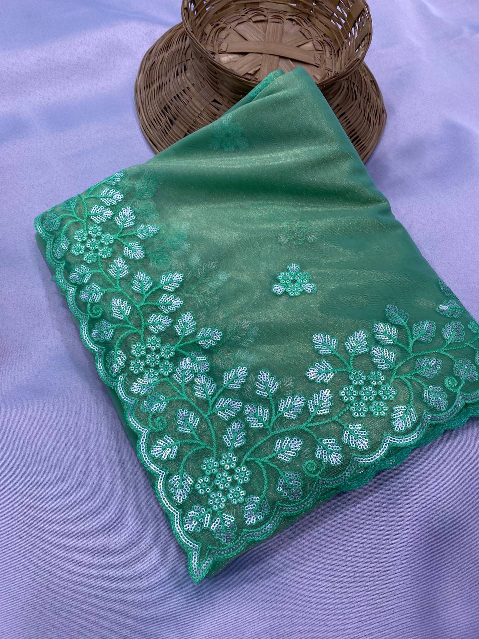 Embroidered Gold Twill Net Saree with Sequin Cut Work & Plain Blouse Piece