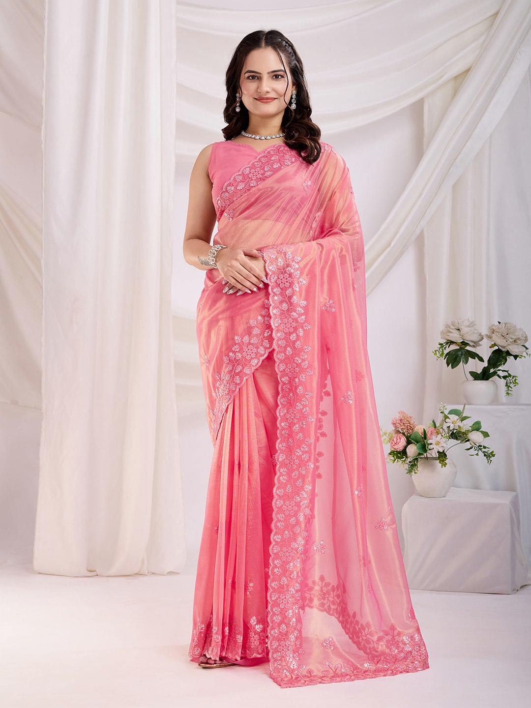 Embroidered Gold Twill Net Saree with Sequin Cut Work & Plain Blouse Piece