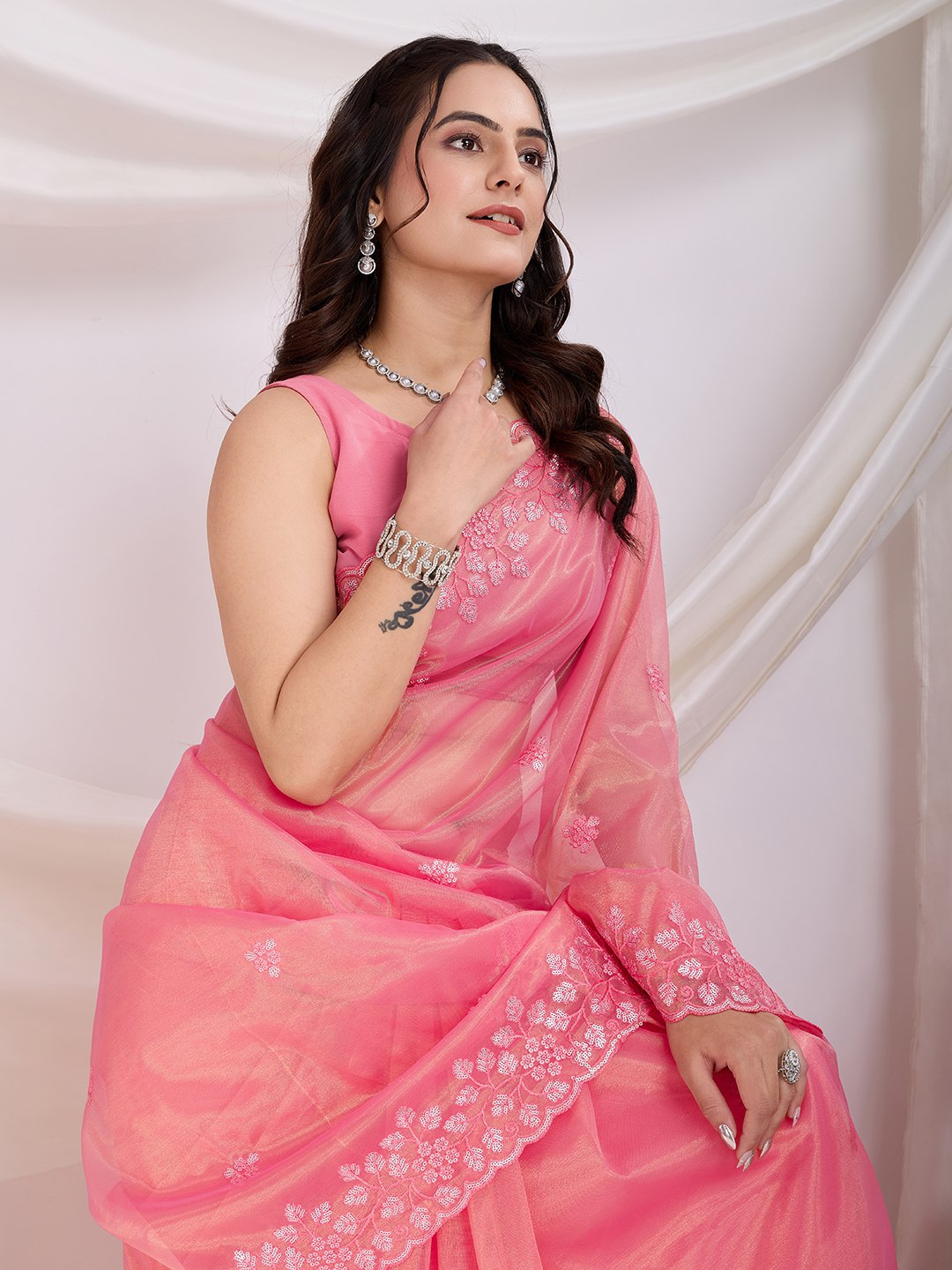 Embroidered Gold Twill Net Saree with Sequin Cut Work & Plain Blouse Piece
