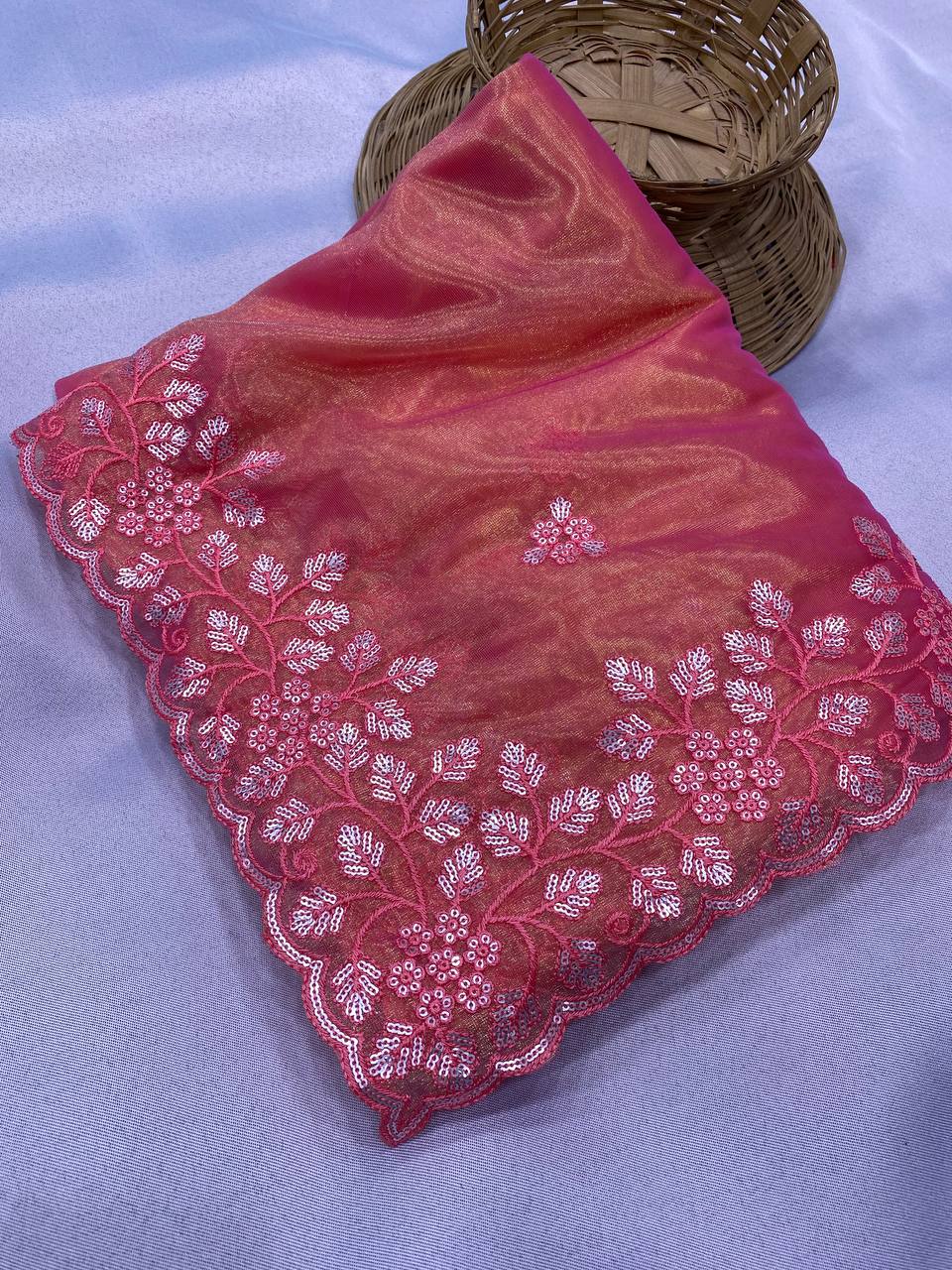 Embroidered Gold Twill Net Saree with Sequin Cut Work & Plain Blouse Piece