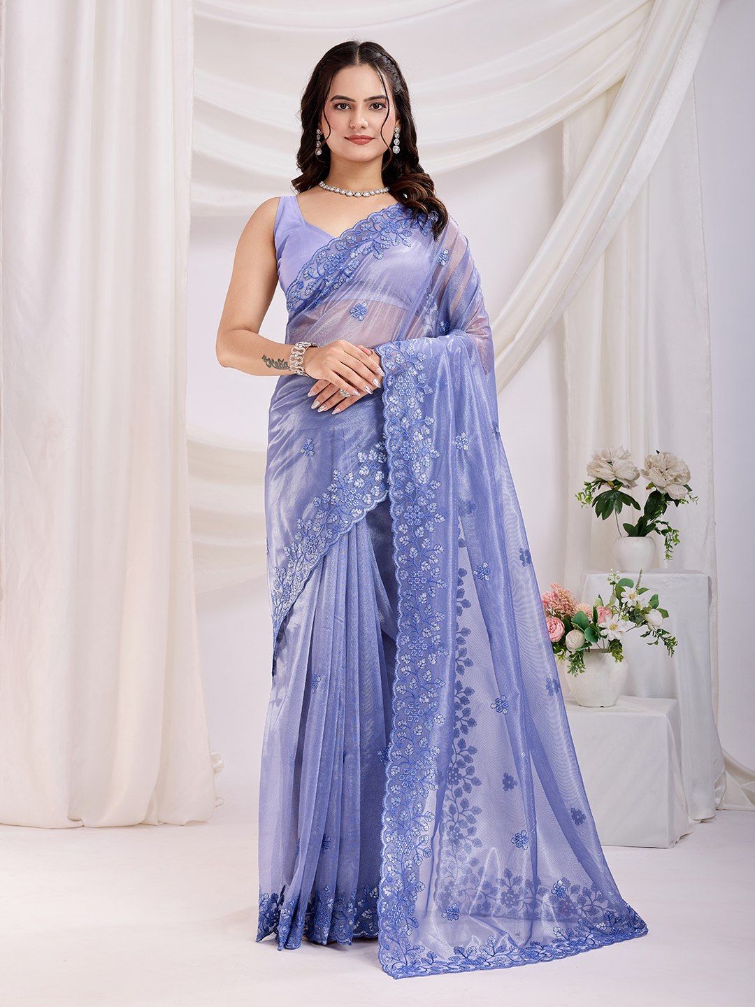 Embroidered Gold Twill Net Saree with Sequin Cut Work & Plain Blouse Piece
