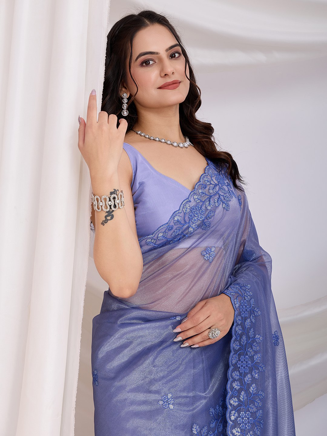 Embroidered Gold Twill Net Saree with Sequin Cut Work & Plain Blouse Piece