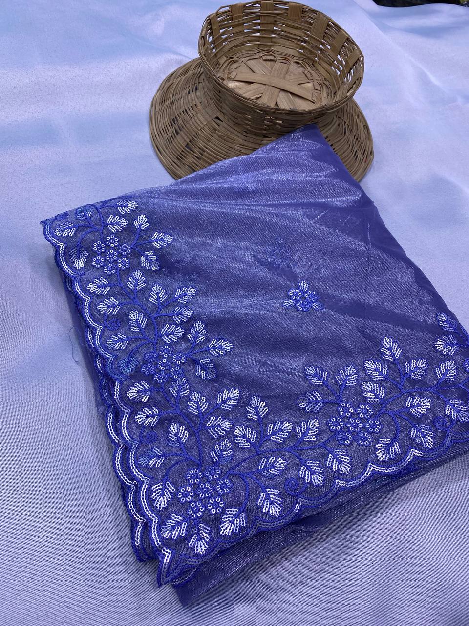Embroidered Gold Twill Net Saree with Sequin Cut Work & Plain Blouse Piece