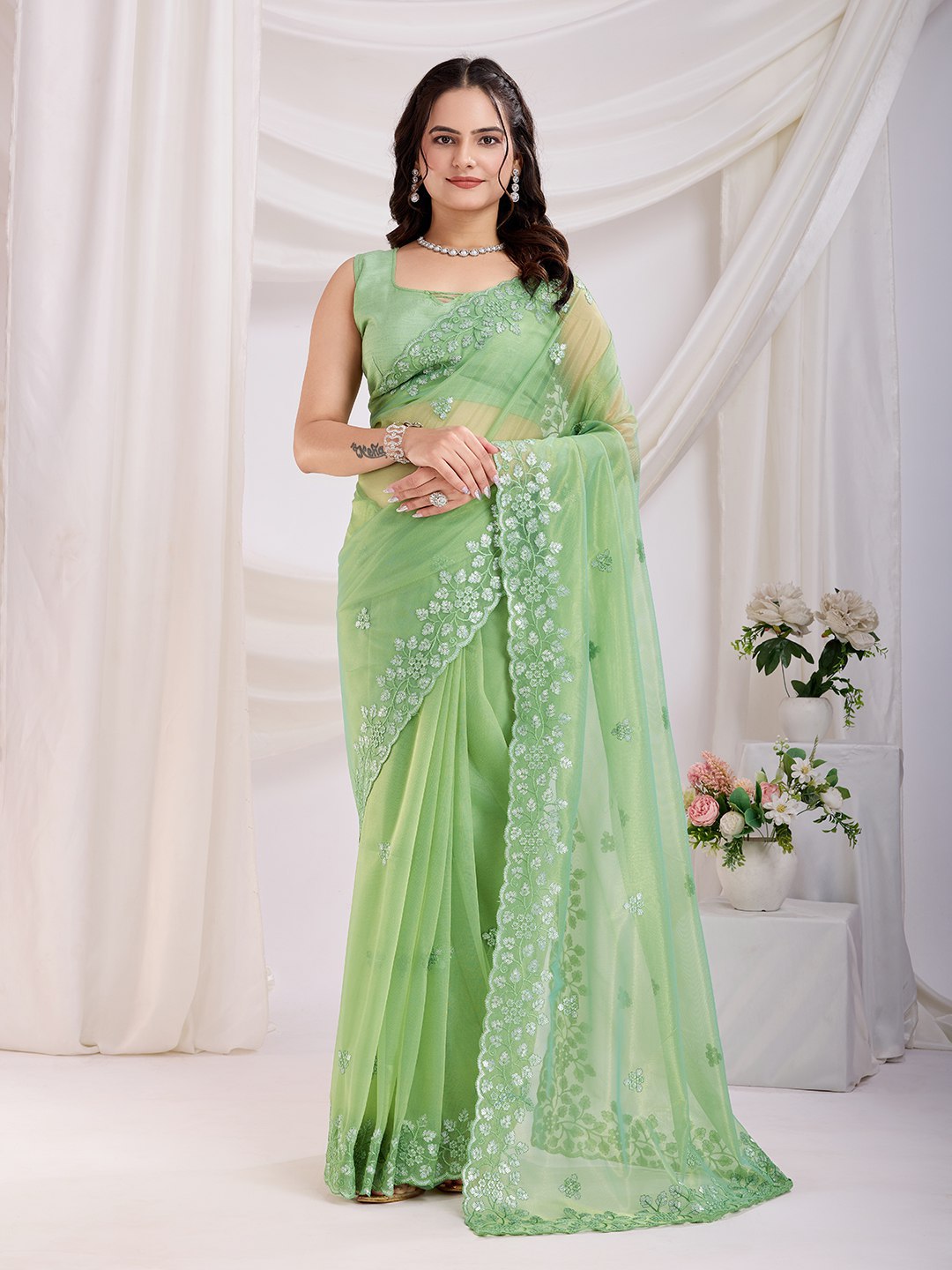 Embroidered Gold Twill Net Saree with Sequin Cut Work & Plain Blouse Piece