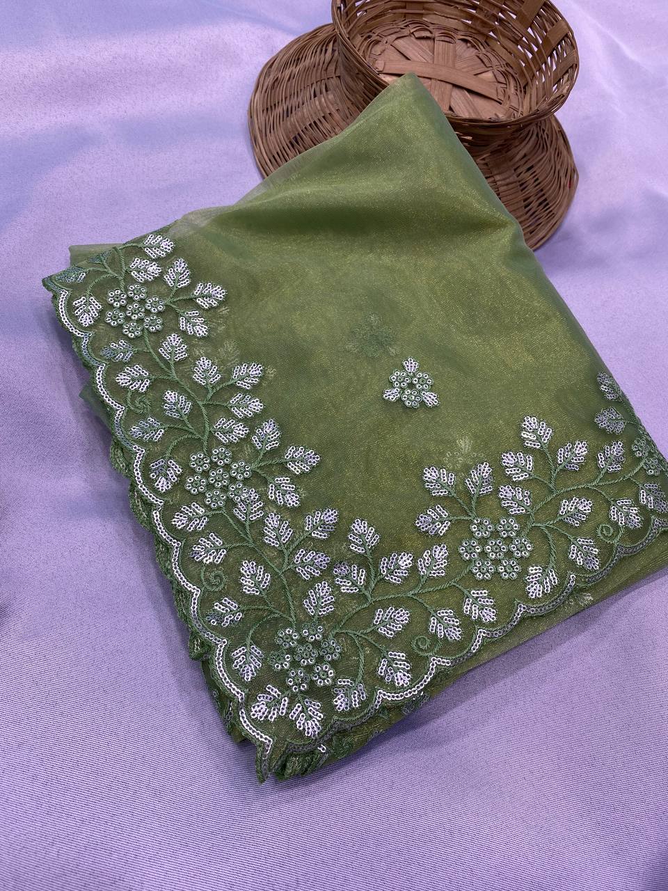 Embroidered Gold Twill Net Saree with Sequin Cut Work & Plain Blouse Piece