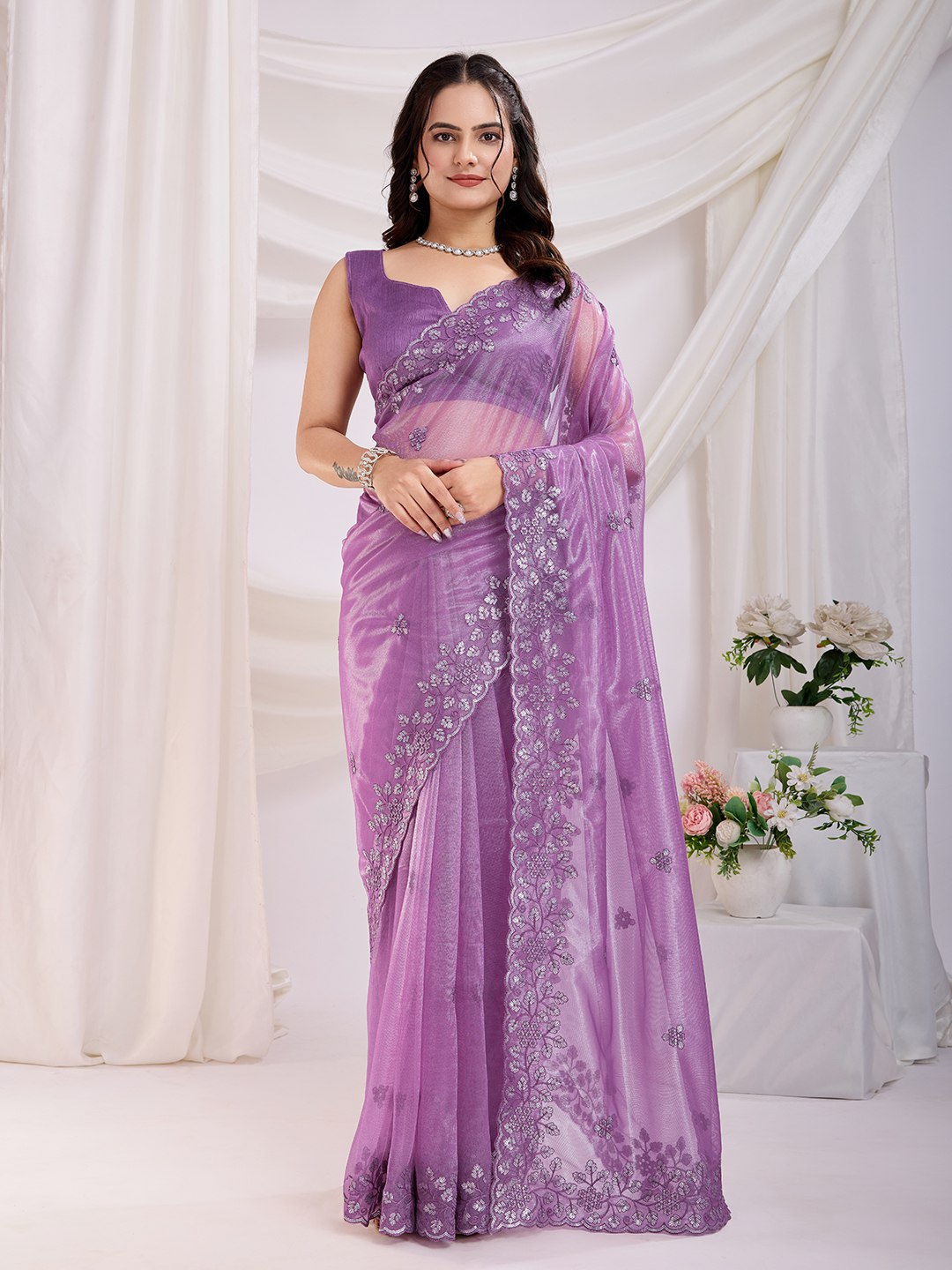 Embroidered Gold Twill Net Saree with Sequin Cut Work & Plain Blouse Piece