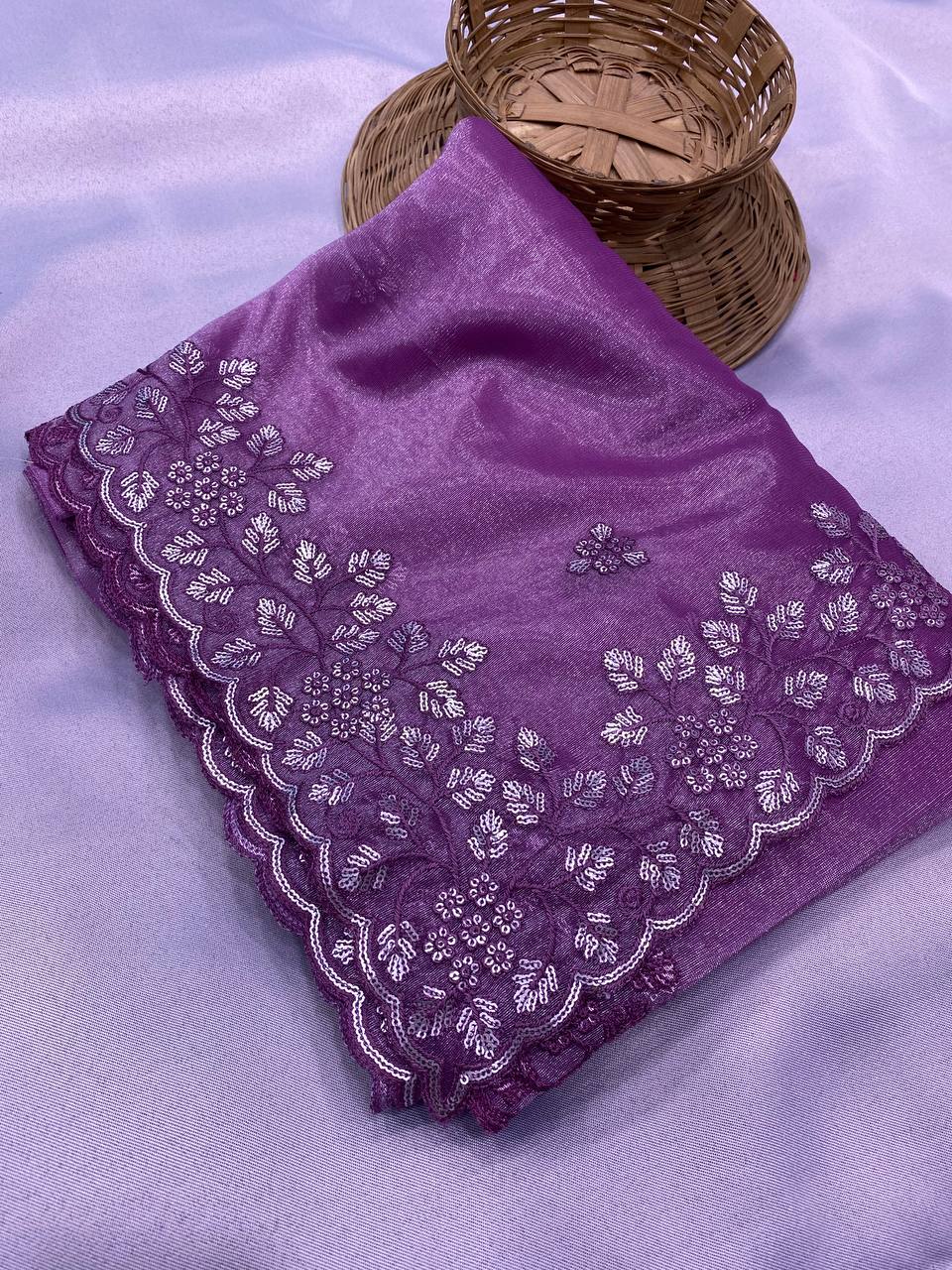 Embroidered Gold Twill Net Saree with Sequin Cut Work & Plain Blouse Piece