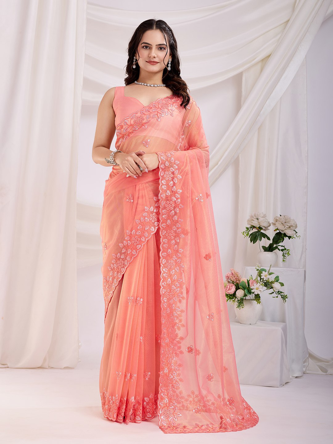 Embroidered Gold Twill Net Saree with Sequin Cut Work & Plain Blouse Piece