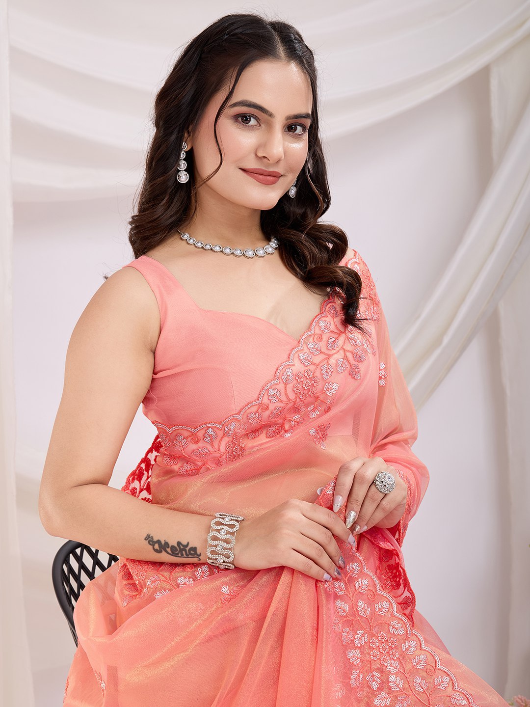 Embroidered Gold Twill Net Saree with Sequin Cut Work & Plain Blouse Piece