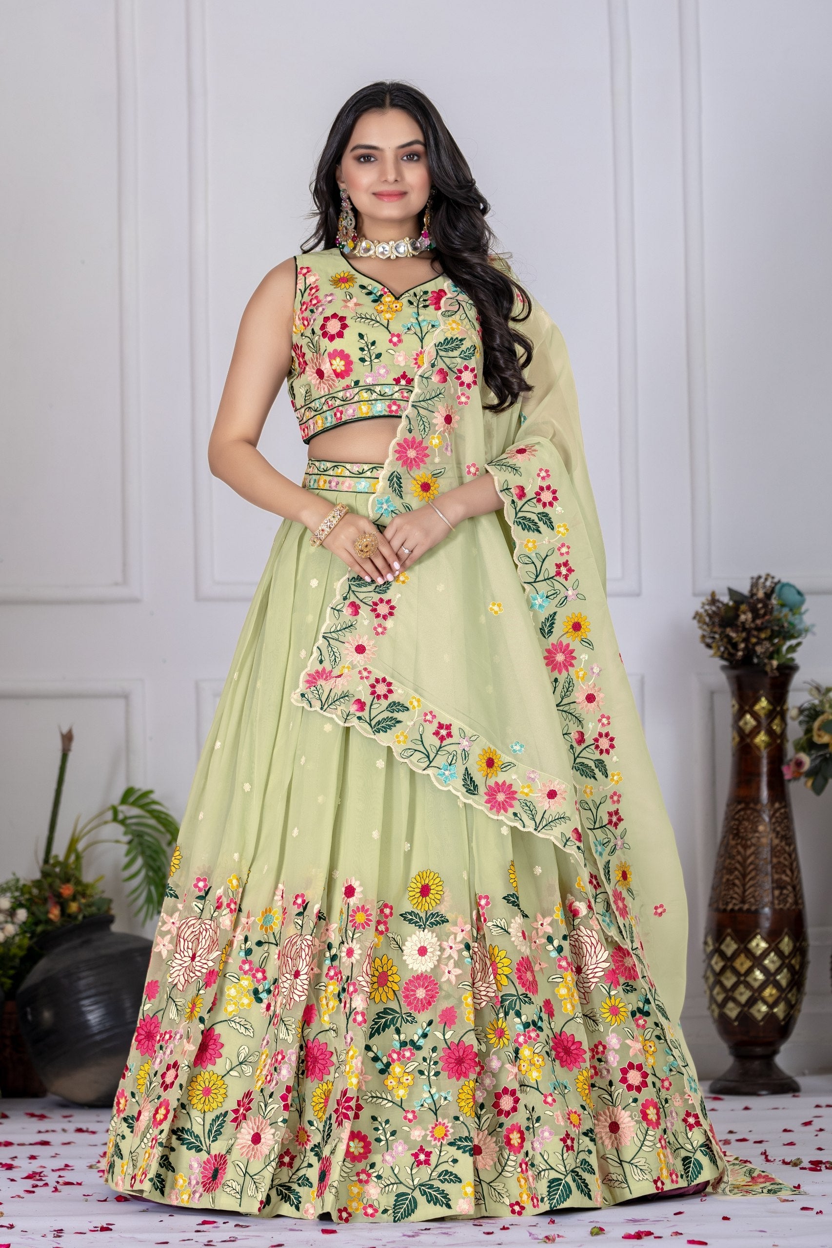 Pastel Green Floral Embroidered Lehenga Choli with Dupatta