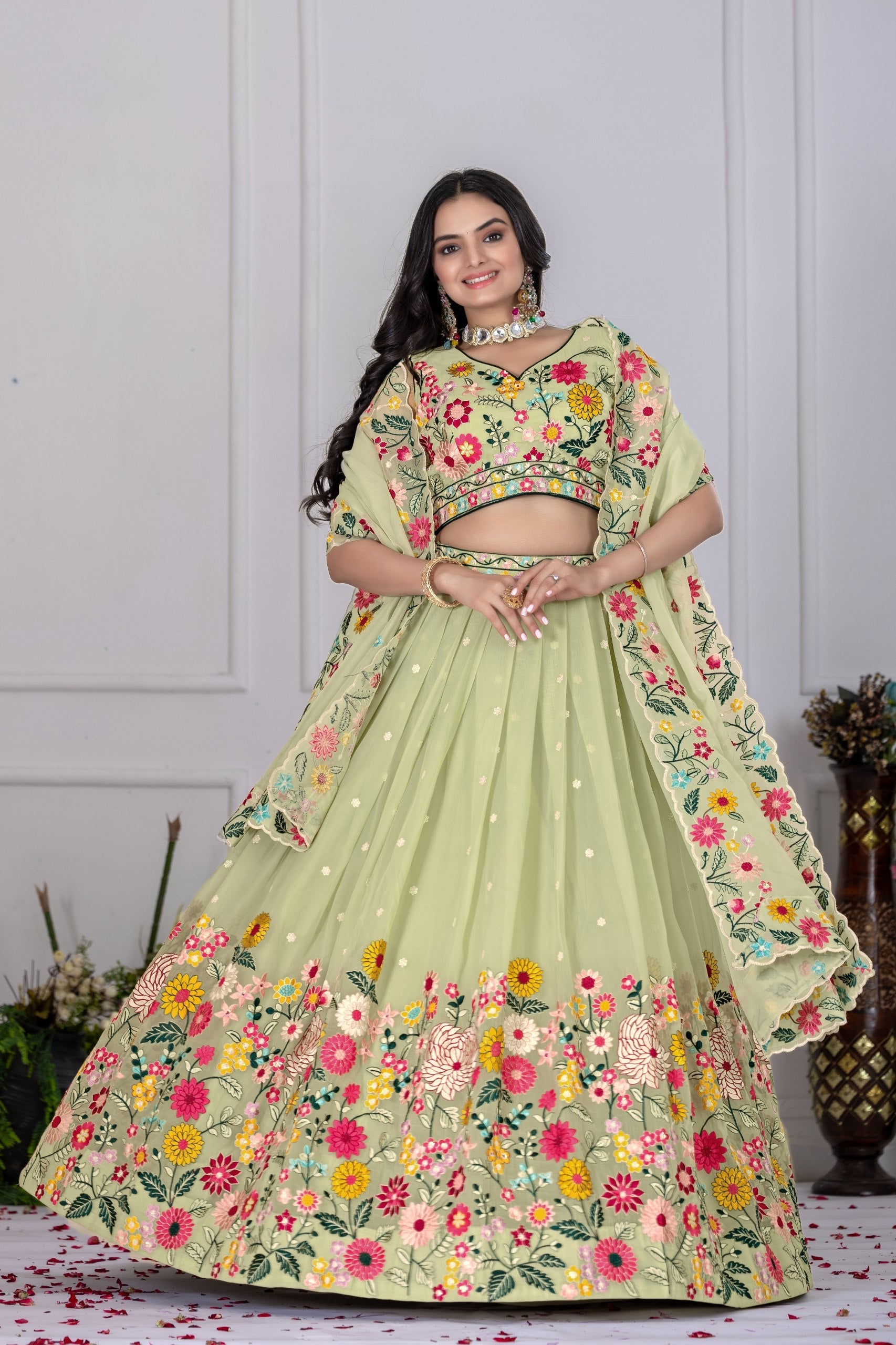 Pastel Green Floral Embroidered Lehenga Choli with Dupatta