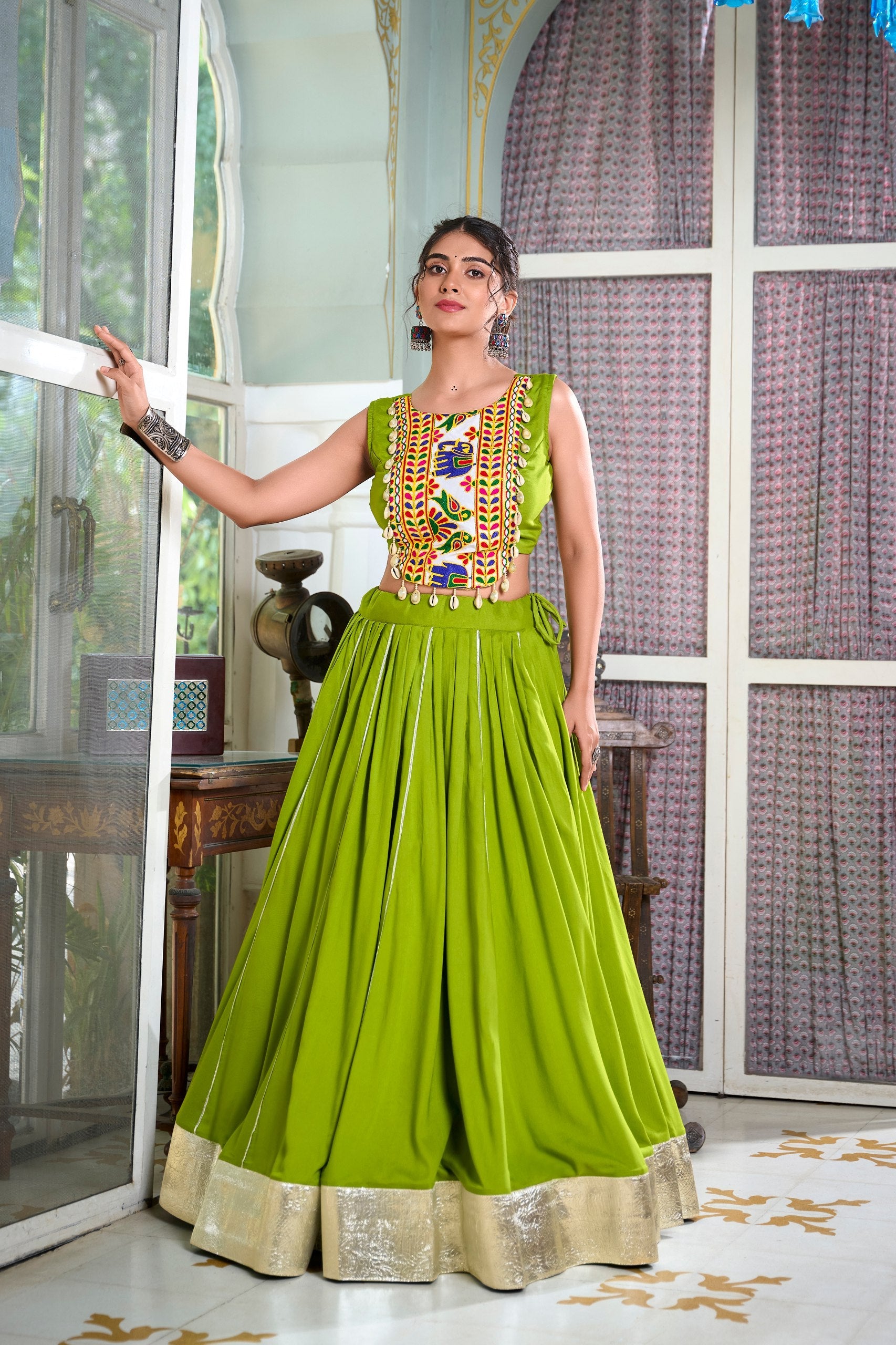Traditional Mirror Work Sleeveless Blouse with Ghera Lehenga