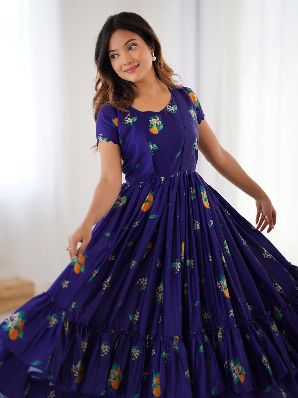 Indigo Majestic Floral Frill Kurtis