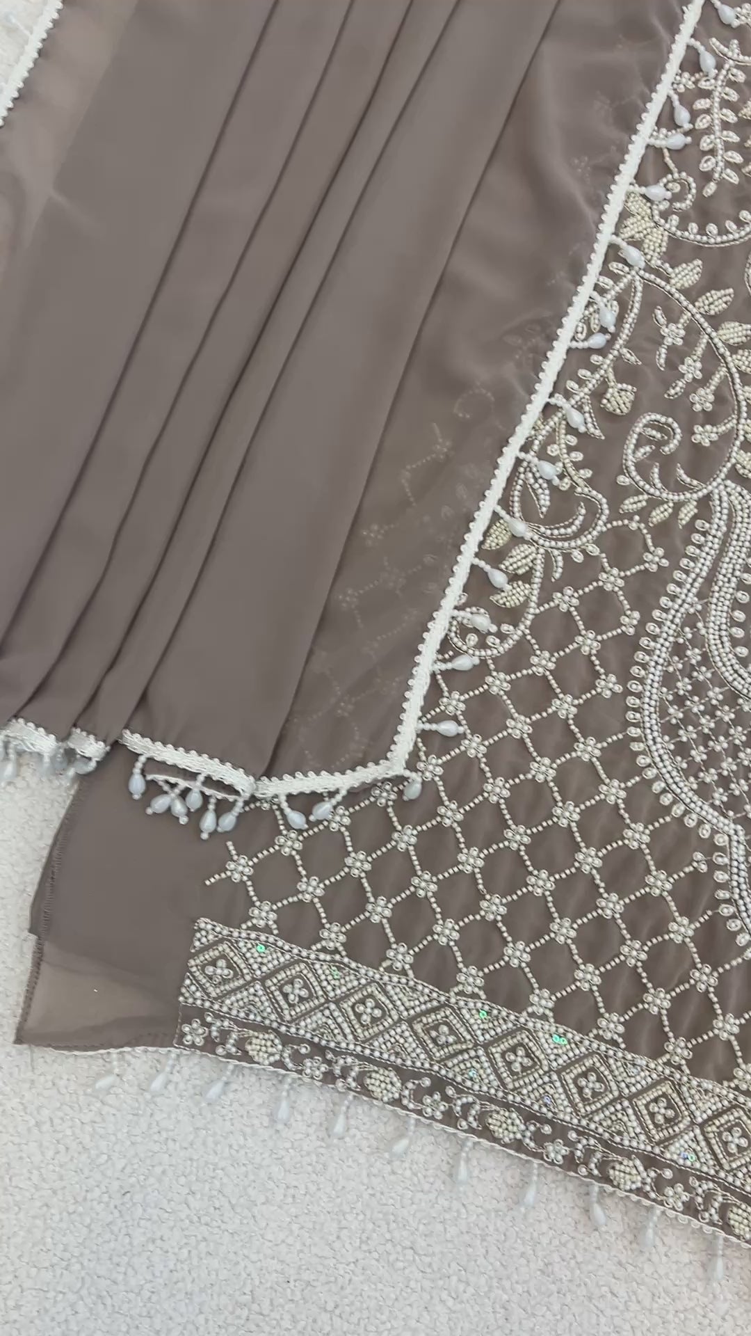 Taupe Grey Fox Georgette Heavy Embroidered Beads & 3mm Sequence Work Semi-Stitched Suit Set