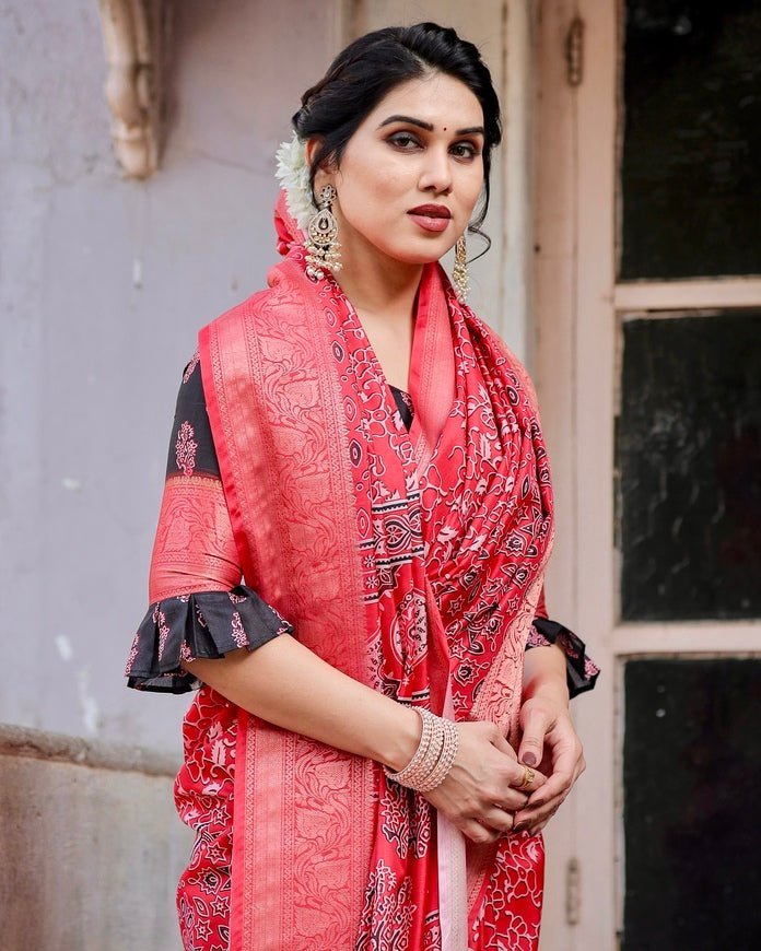 Pure Silk Digitally Printed Saree Weaved With Golden Zari Comes With Tassels - Almaari Fashion