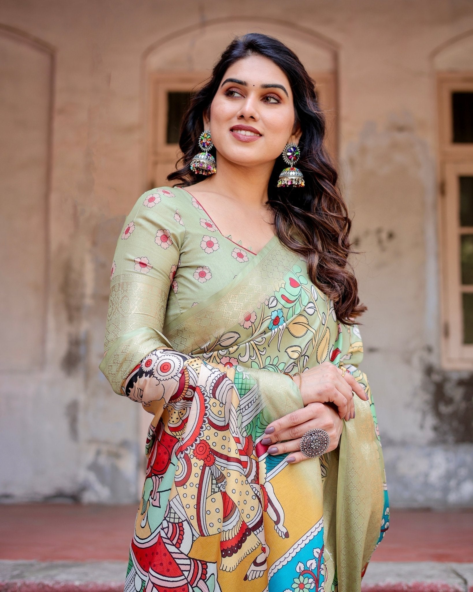 Pure Silk Digitally Printed Saree Weaved With Golden Zari Comes With Tassels - Almaari Fashion