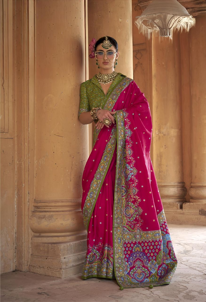 Royal Rani Pink Patola Printed Saree with Contrast Green Designer Blouse