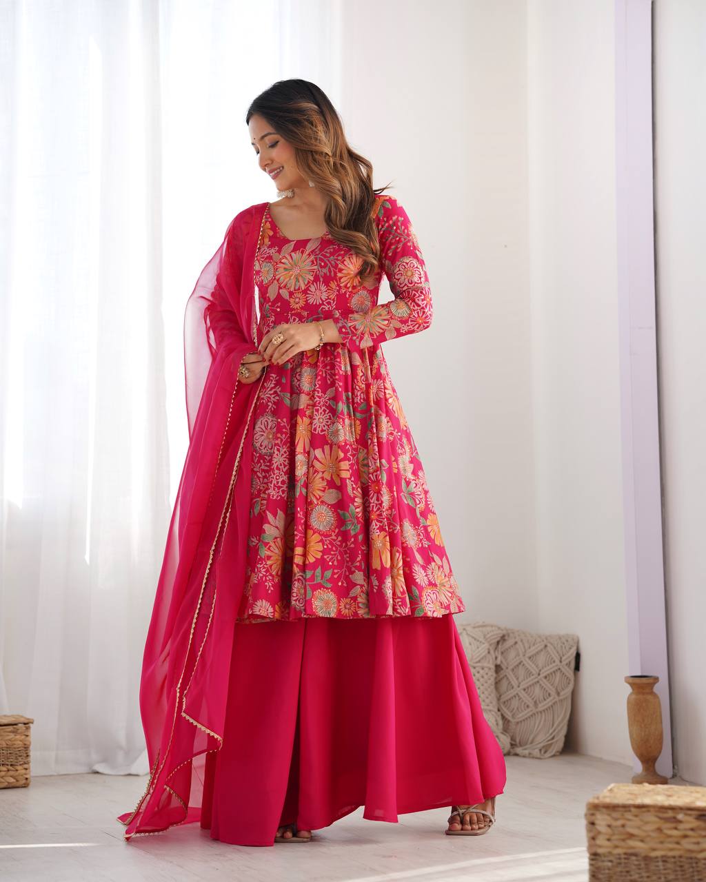 PRINT FABRIC FULLY FLAIR KEDIYA STYLE KURTA,WITH DUPPTA SET,PALAZZO