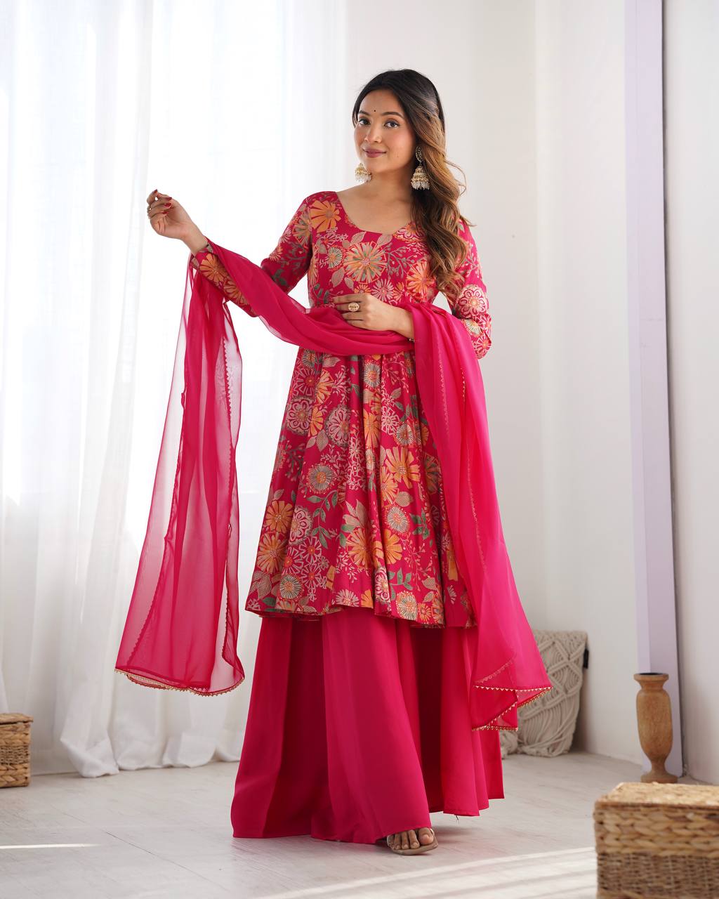 PRINT FABRIC FULLY FLAIR KEDIYA STYLE KURTA,WITH DUPPTA SET,PALAZZO