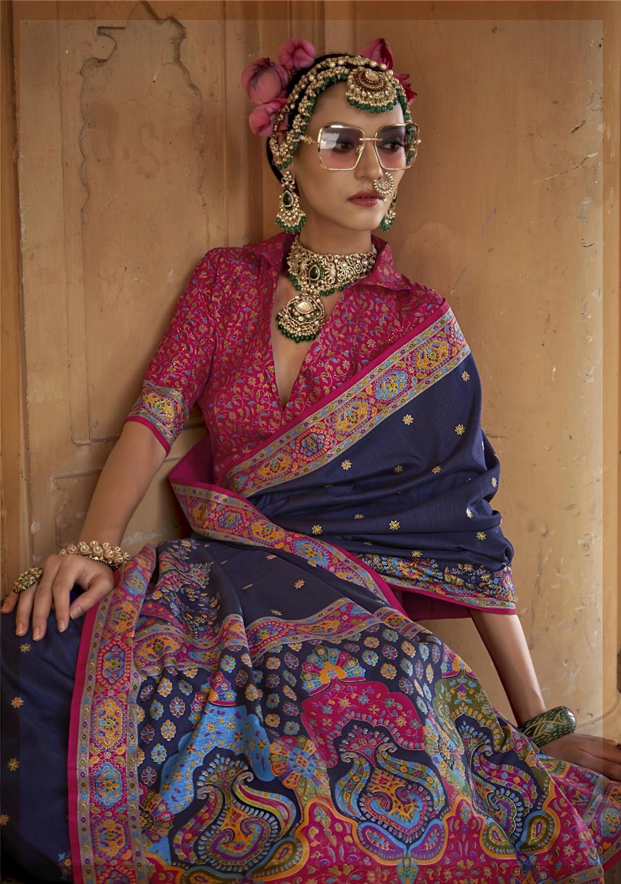 Majestic Midnight Blue Patola Printed Saree with Rich Pink Designer Blouse