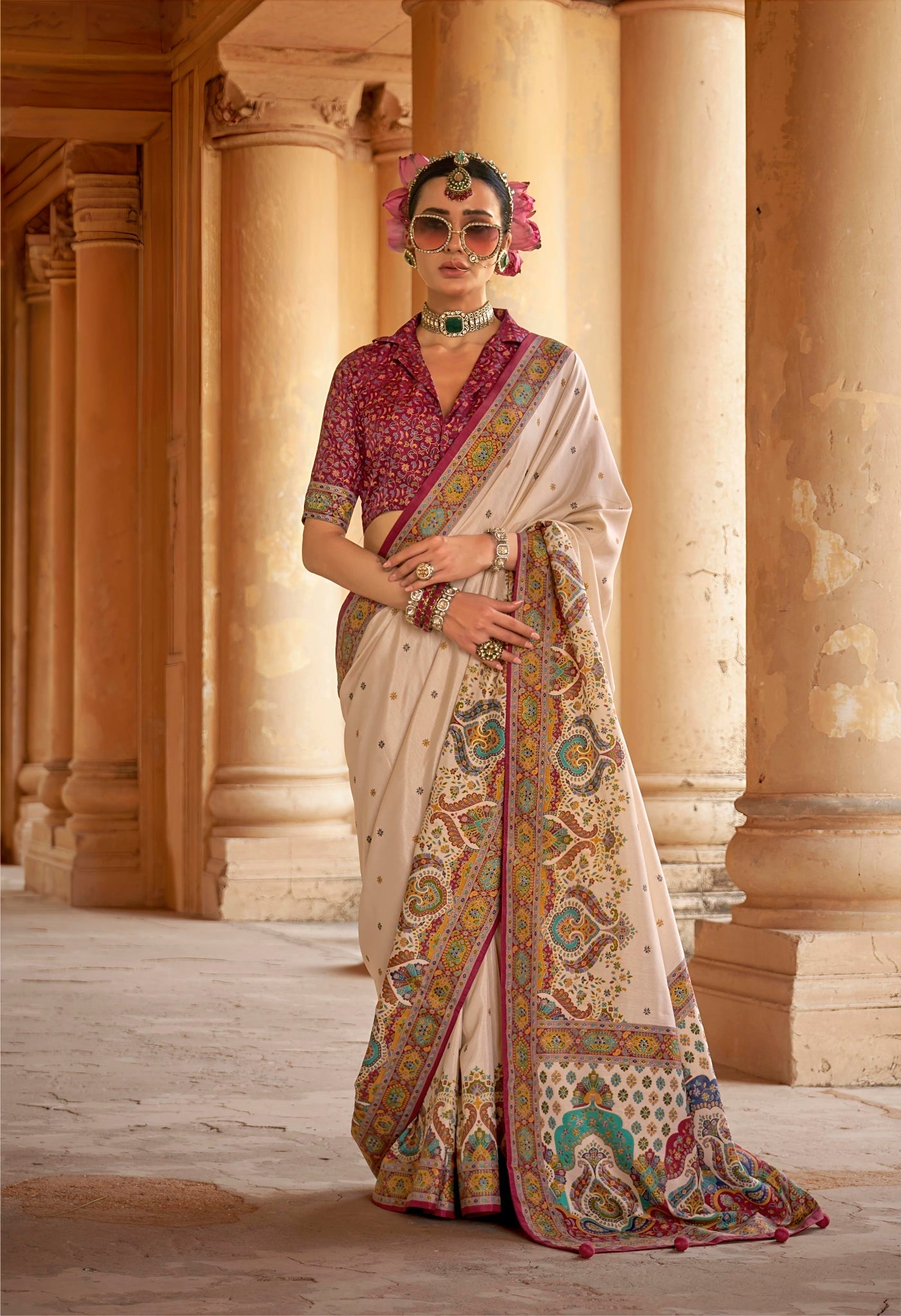Royal Ethnic Cream Saree with Multicolor Patola-Style Pallu and Printed Blouse