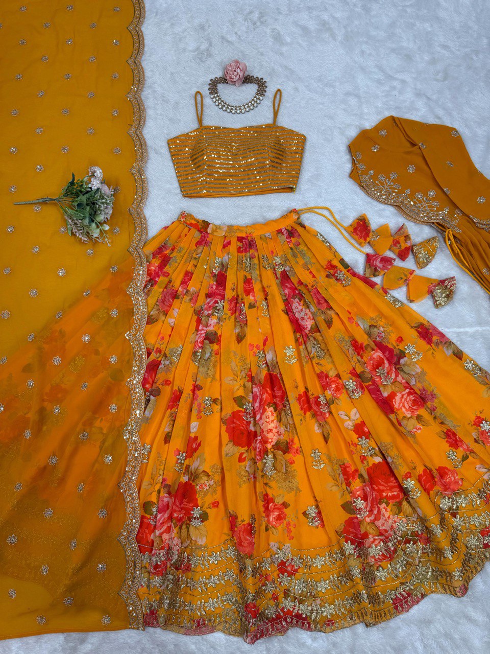 Designer Yellow Peplum Top & Floral Skirt Set - Festive & Occasion Wear