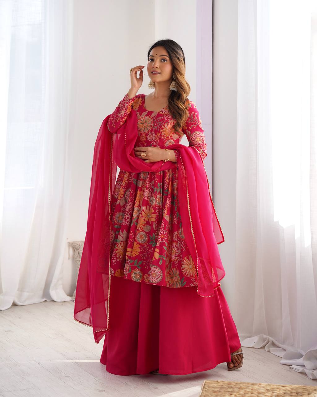 PRINT FABRIC FULLY FLAIR KEDIYA STYLE KURTA,WITH DUPPTA SET,PALAZZO