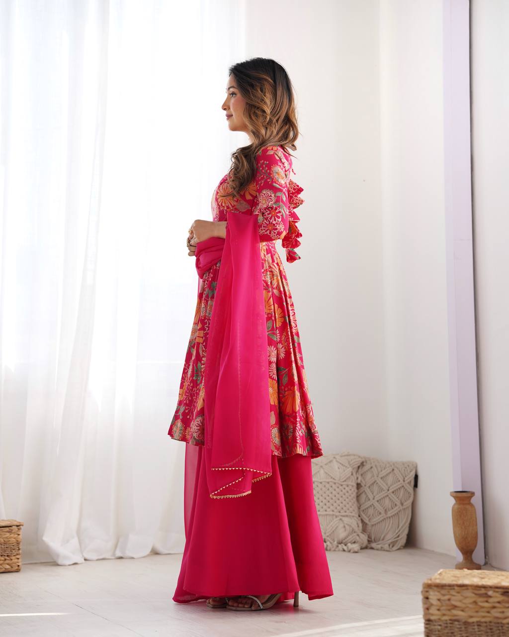 PRINT FABRIC FULLY FLAIR KEDIYA STYLE KURTA,WITH DUPPTA SET,PALAZZO