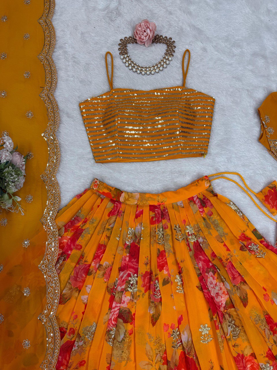 Designer Yellow Peplum Top & Floral Skirt Set - Festive & Occasion Wear