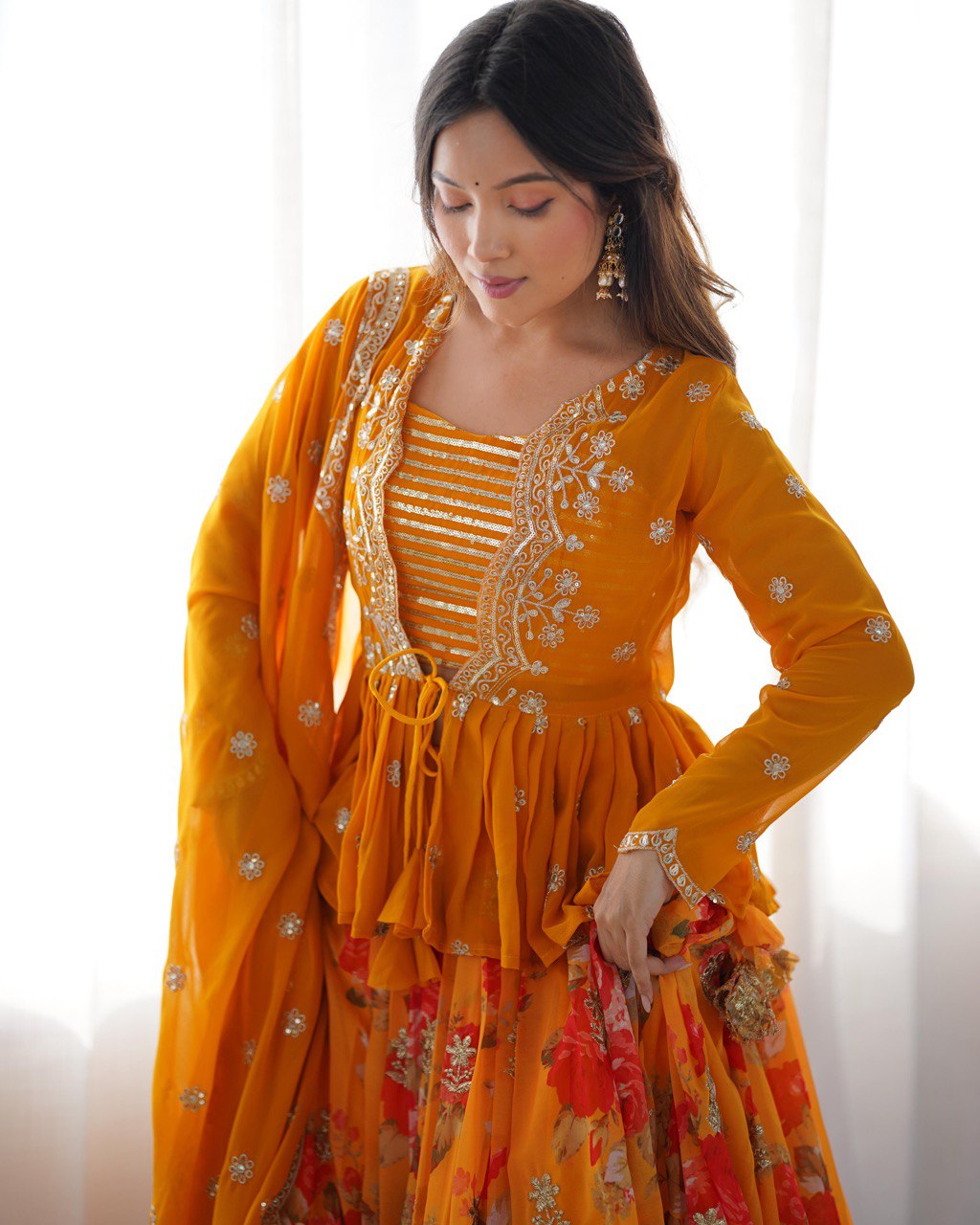 Designer Yellow Peplum Top & Floral Skirt Set - Festive & Occasion Wear