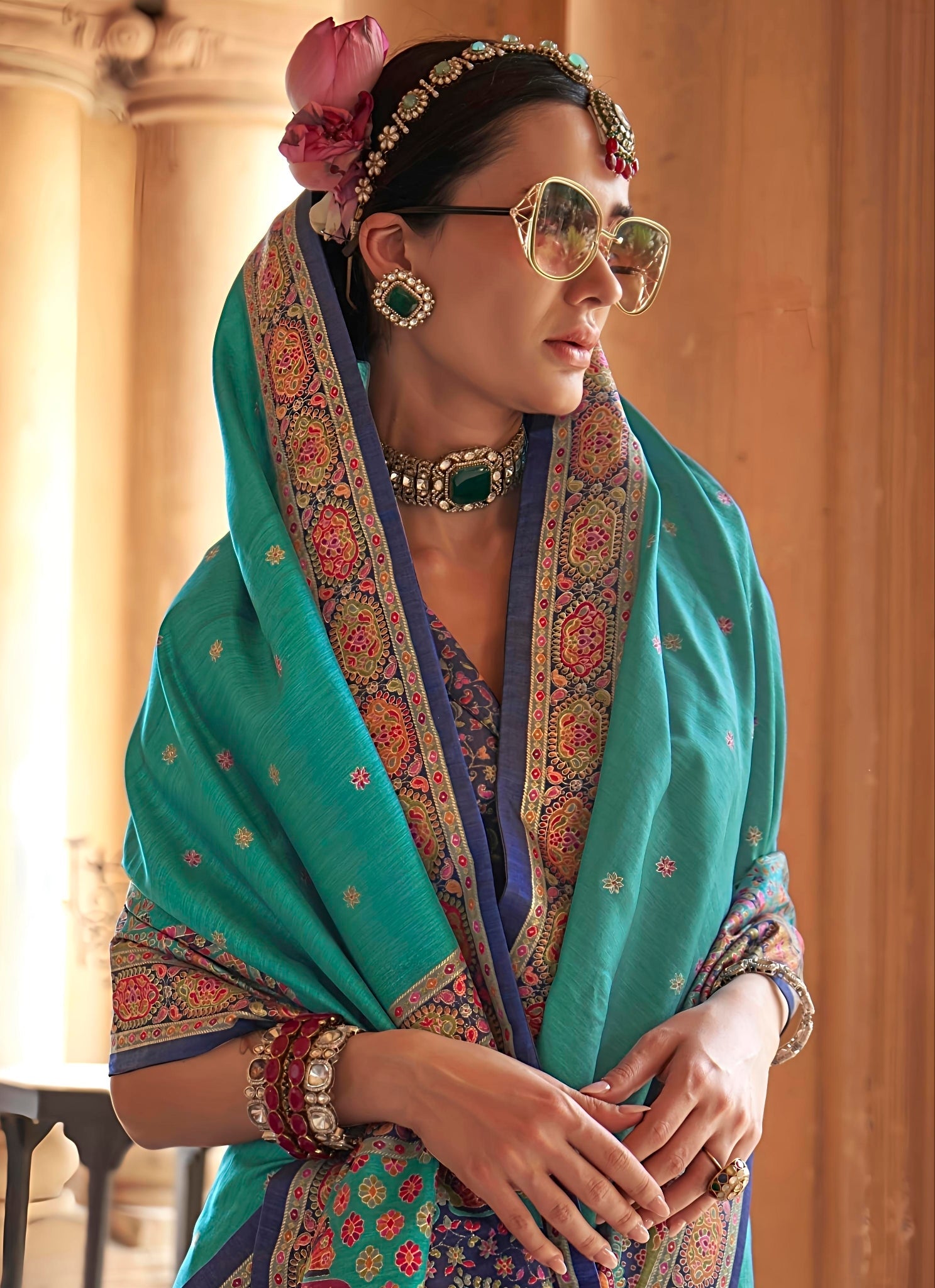 Elegant Teal Patola Printed Saree with Contrast Designer Blouse