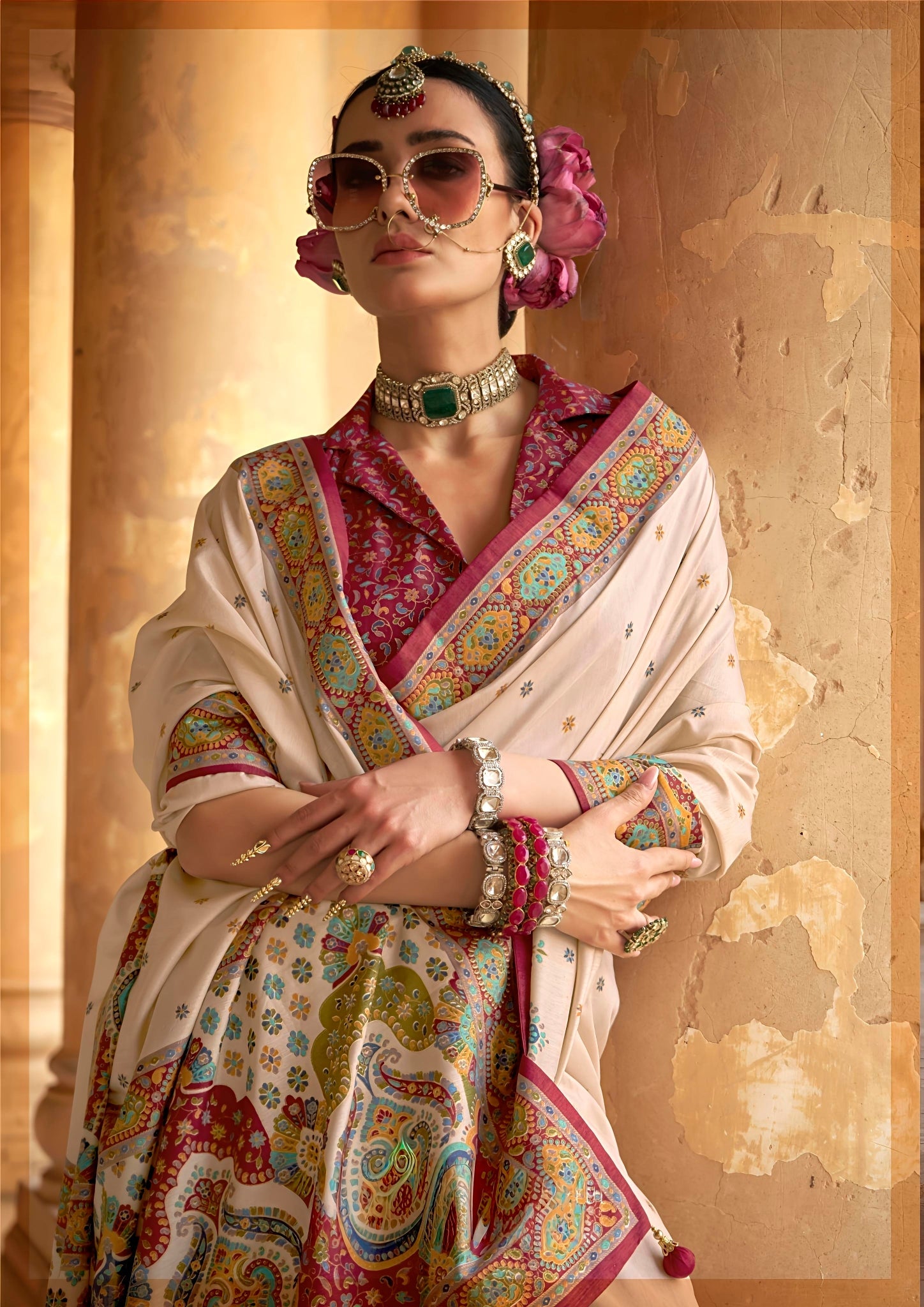 Royal Ethnic Cream Saree with Multicolor Patola-Style Pallu and Printed Blouse