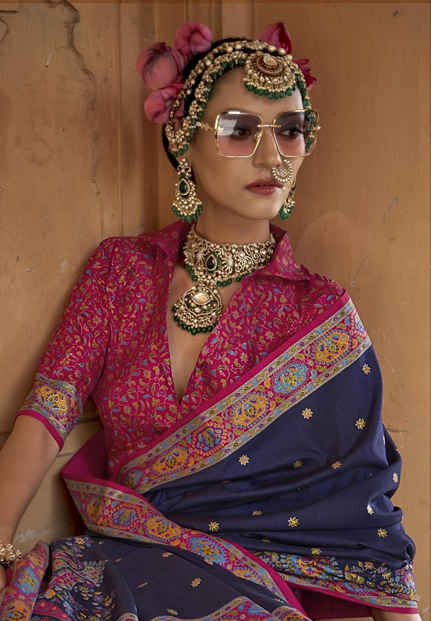 Majestic Midnight Blue Patola Printed Saree with Rich Pink Designer Blouse