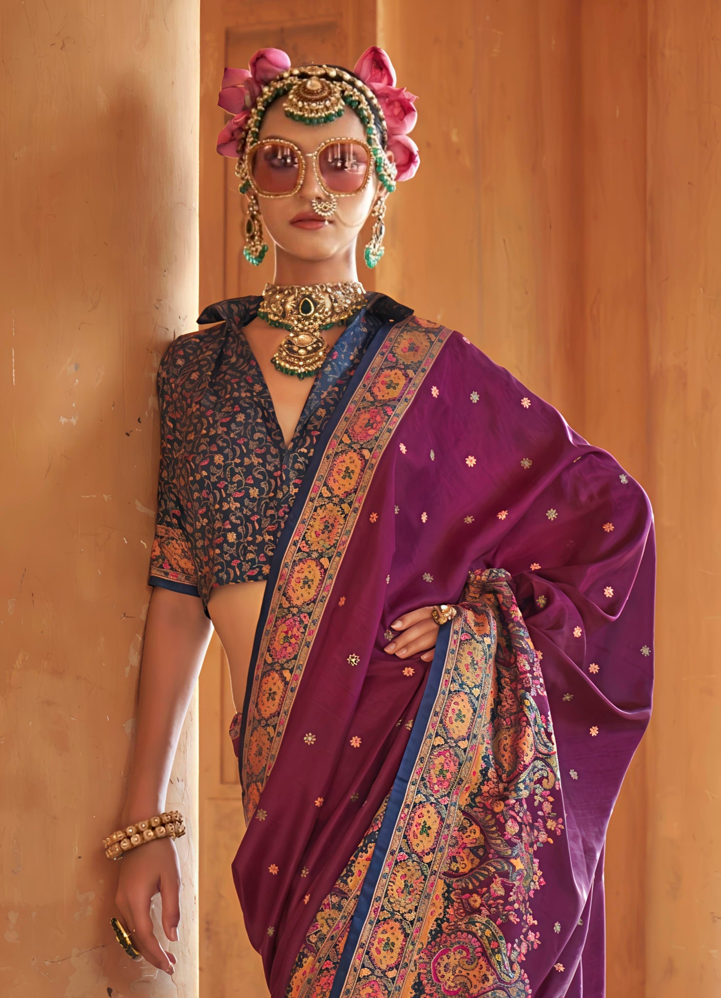Royal Plum Purple Patola Printed Saree with Elegant Blue Floral Blouse