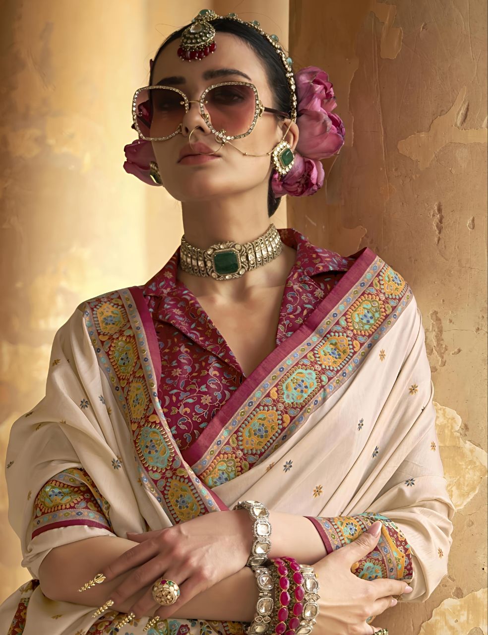 Royal Ethnic Cream Saree with Multicolor Patola-Style Pallu and Printed Blouse
