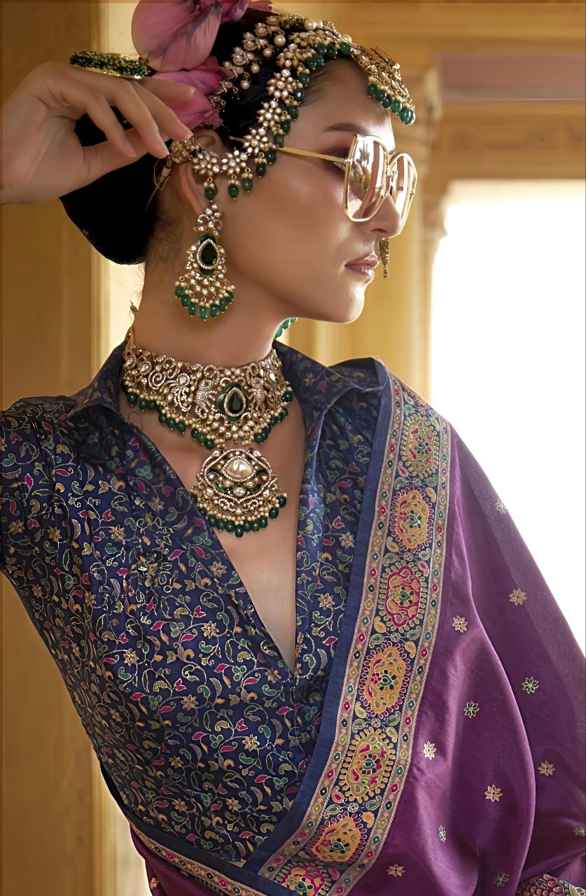 Royal Plum Purple Patola Printed Saree with Elegant Blue Floral Blouse