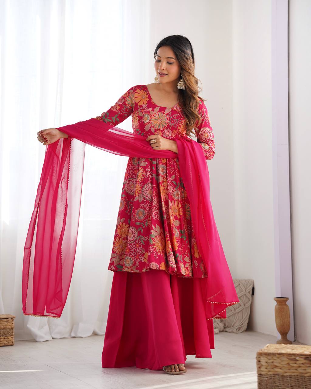 PRINT FABRIC FULLY FLAIR KEDIYA STYLE KURTA,WITH DUPPTA SET,PALAZZO