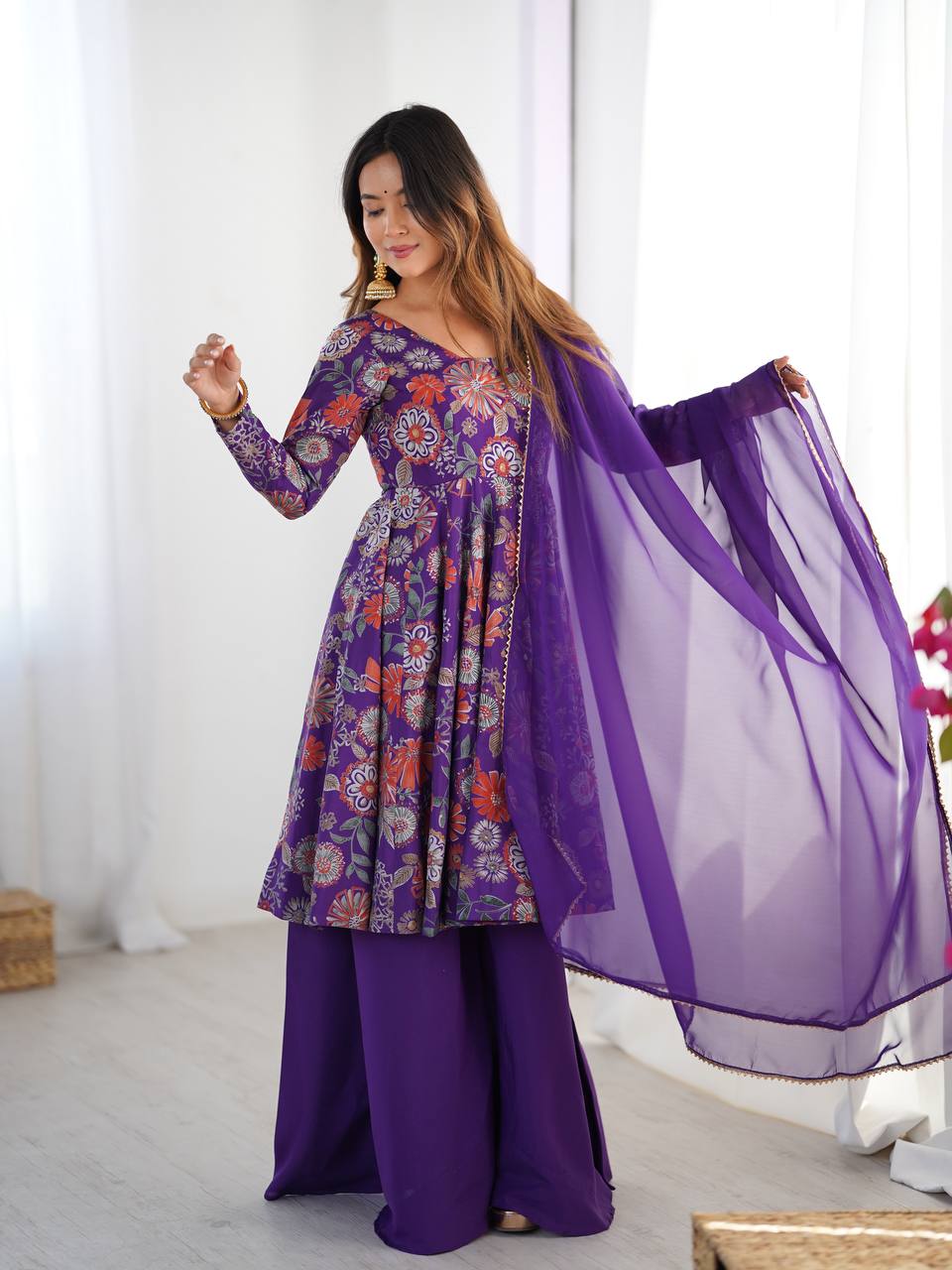 PRINT FABRIC FULLY FLAIR KEDIYA STYLE KURTA,WITH DUPPTA SET,PALAZZO