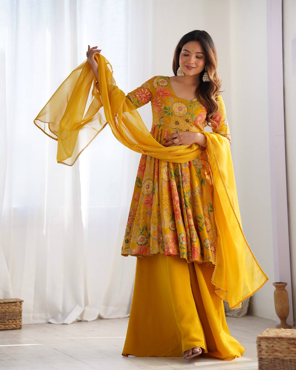 PRINT FABRIC FULLY FLAIR KEDIYA STYLE KURTA,WITH DUPPTA SET,PALAZZO