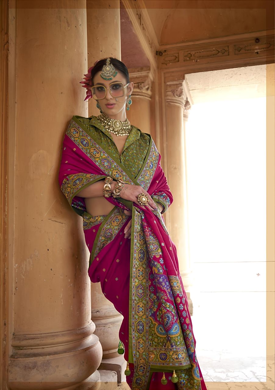 Royal Rani Pink Patola Printed Saree with Contrast Green Designer Blouse