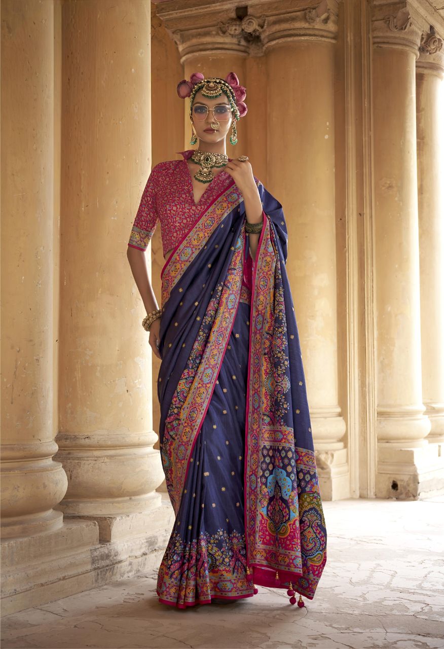 Majestic Midnight Blue Patola Printed Saree with Rich Pink Designer Blouse
