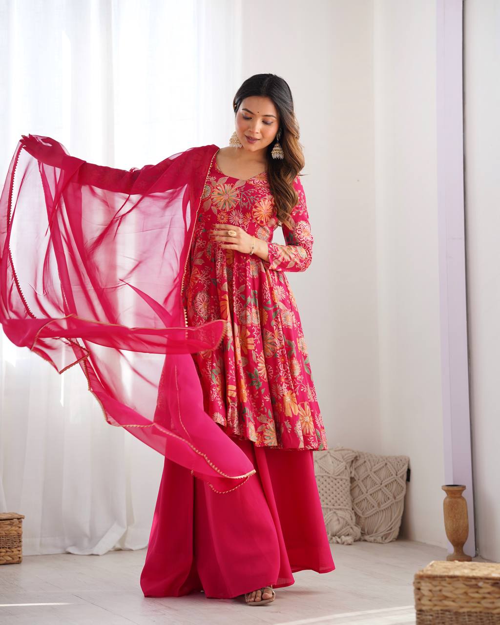 PRINT FABRIC FULLY FLAIR KEDIYA STYLE KURTA,WITH DUPPTA SET,PALAZZO