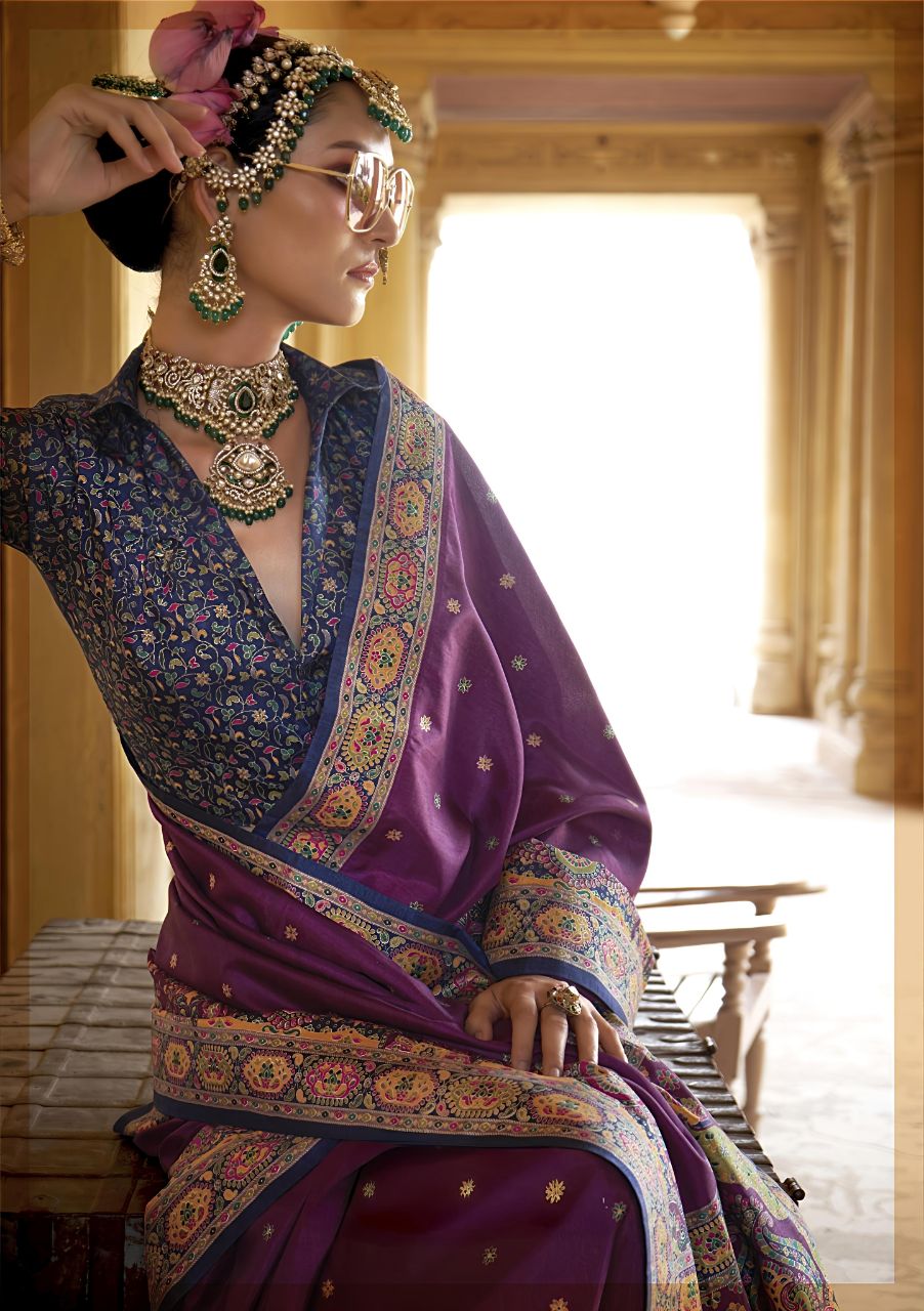 Royal Plum Purple Patola Printed Saree with Elegant Blue Floral Blouse