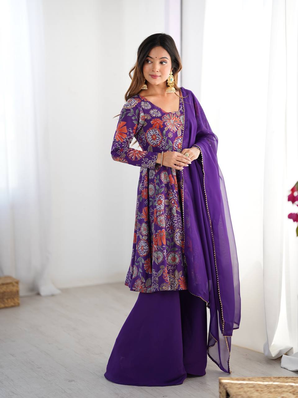 PRINT FABRIC FULLY FLAIR KEDIYA STYLE KURTA,WITH DUPPTA SET,PALAZZO