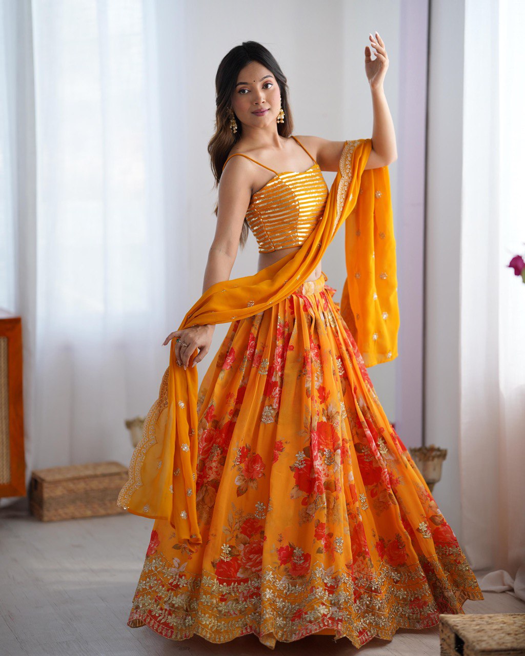 Designer Yellow Peplum Top & Floral Skirt Set - Festive & Occasion Wear