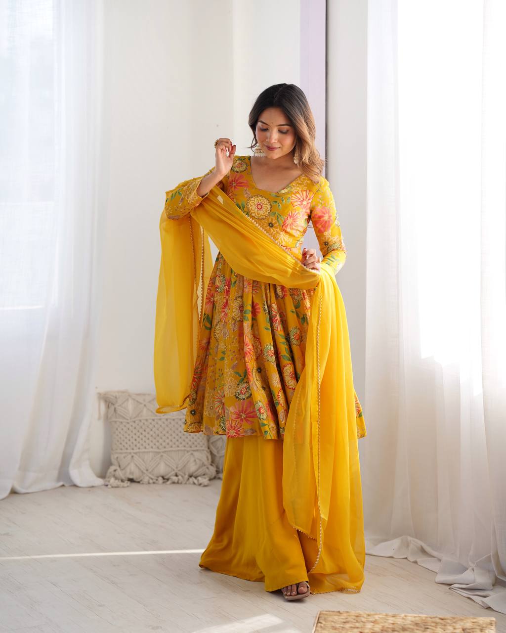 PRINT FABRIC FULLY FLAIR KEDIYA STYLE KURTA,WITH DUPPTA SET,PALAZZO