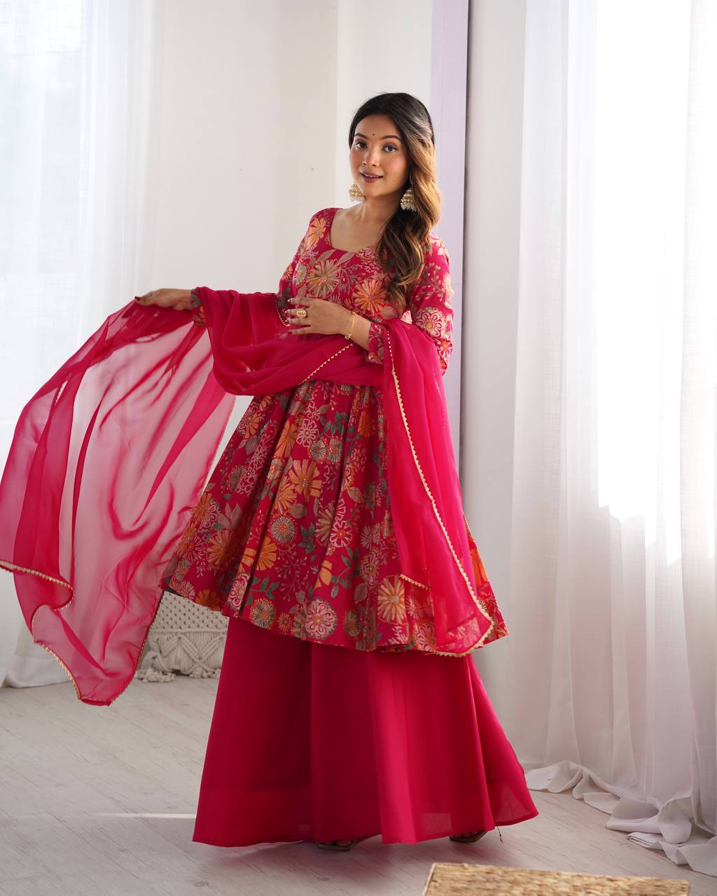 PRINT FABRIC FULLY FLAIR KEDIYA STYLE KURTA,WITH DUPPTA SET,PALAZZO