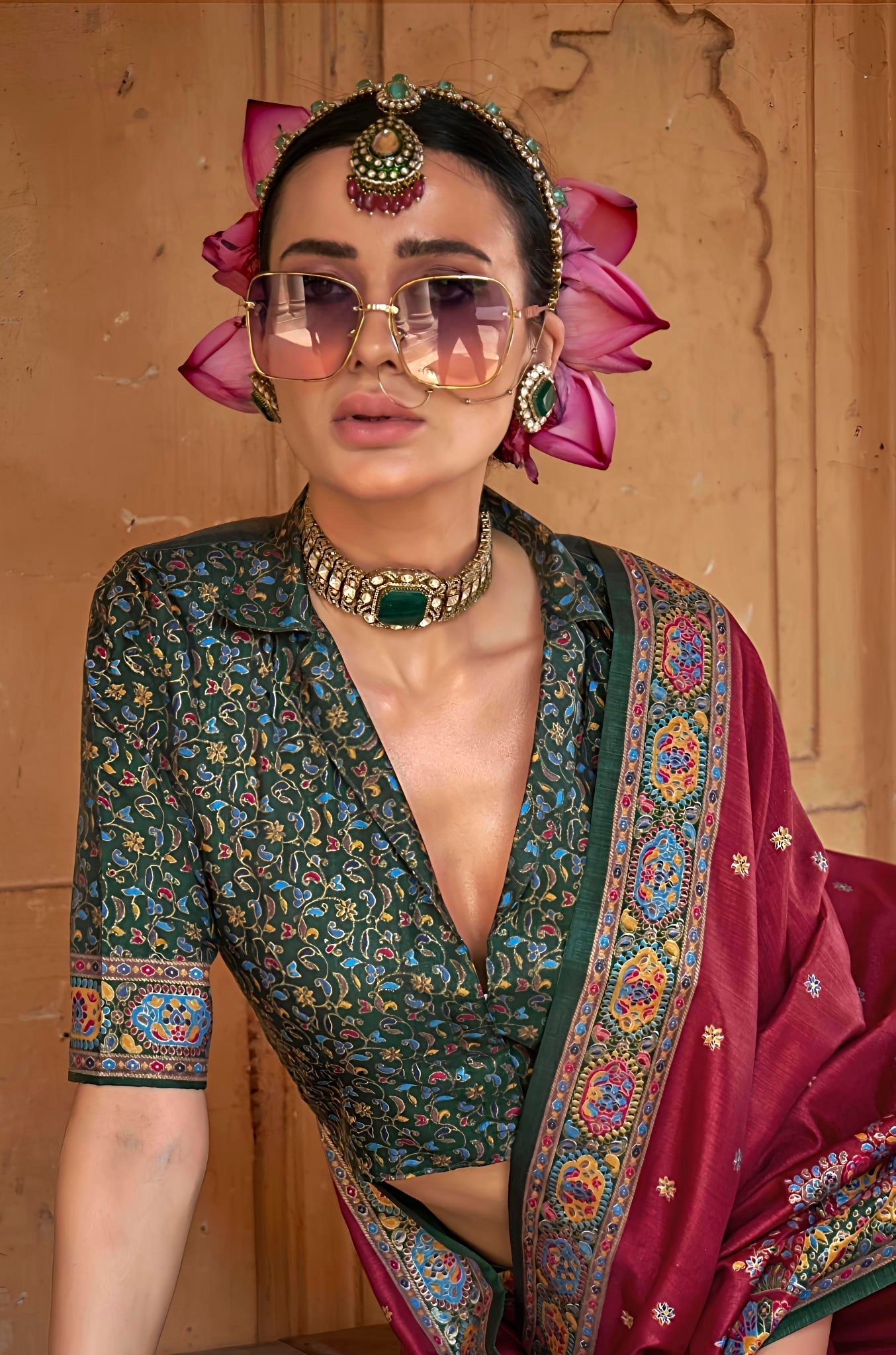 Classic Maroon Patola Print Saree with Teal Green Floral Designer Blouse