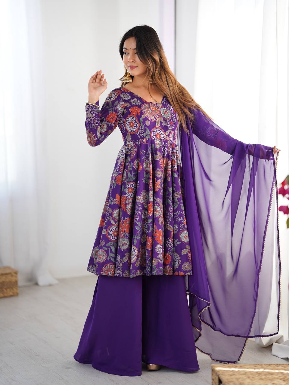PRINT FABRIC FULLY FLAIR KEDIYA STYLE KURTA,WITH DUPPTA SET,PALAZZO